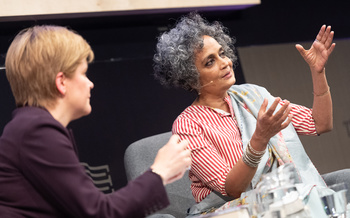 Arundhati Roy with Nicola Sturgeon at the Edinburgh International Book Festival