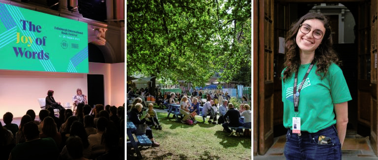 Trio of images. One stage, in the courtyard, and team member at Edinburgh International Book Festival