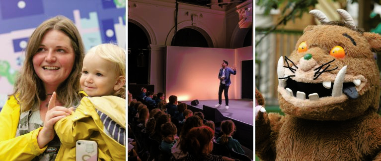 Mother and child smiling, Dr Ranj on stage, the Gruffalo at the Book Festival 