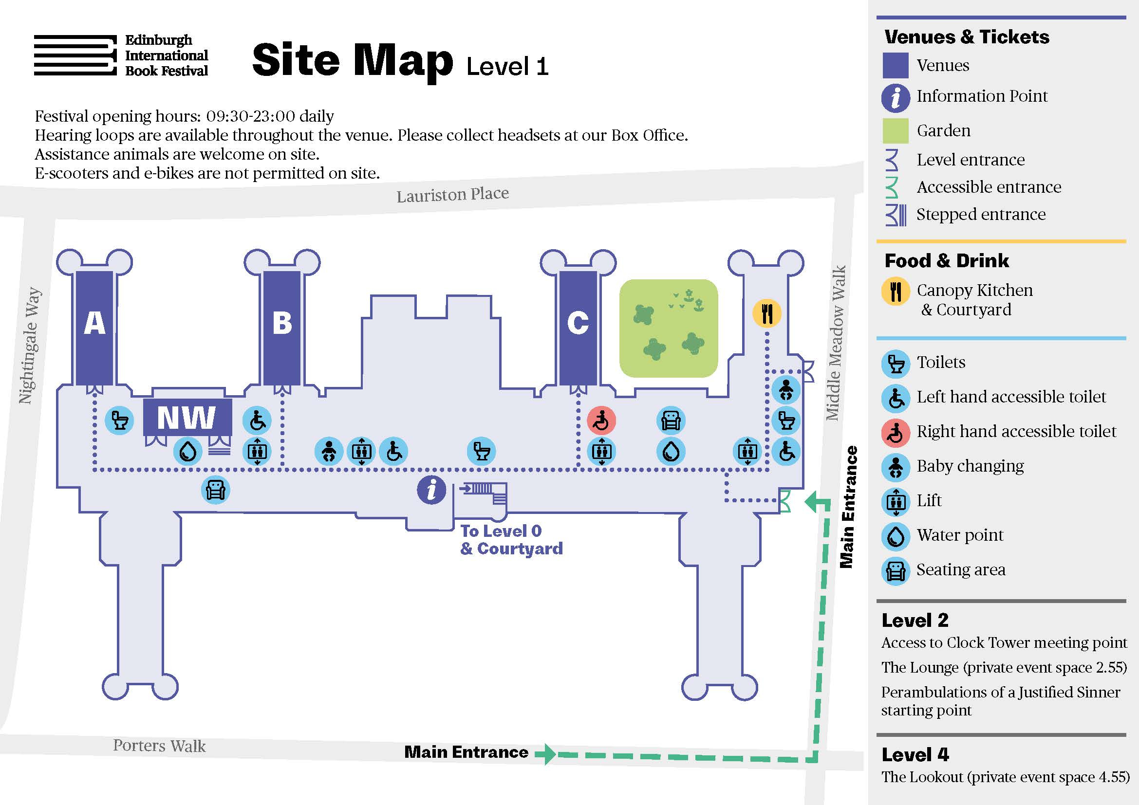 Map of Level 1 at Edinburgh Futures Institute - entrance off Middle Meadow Walk